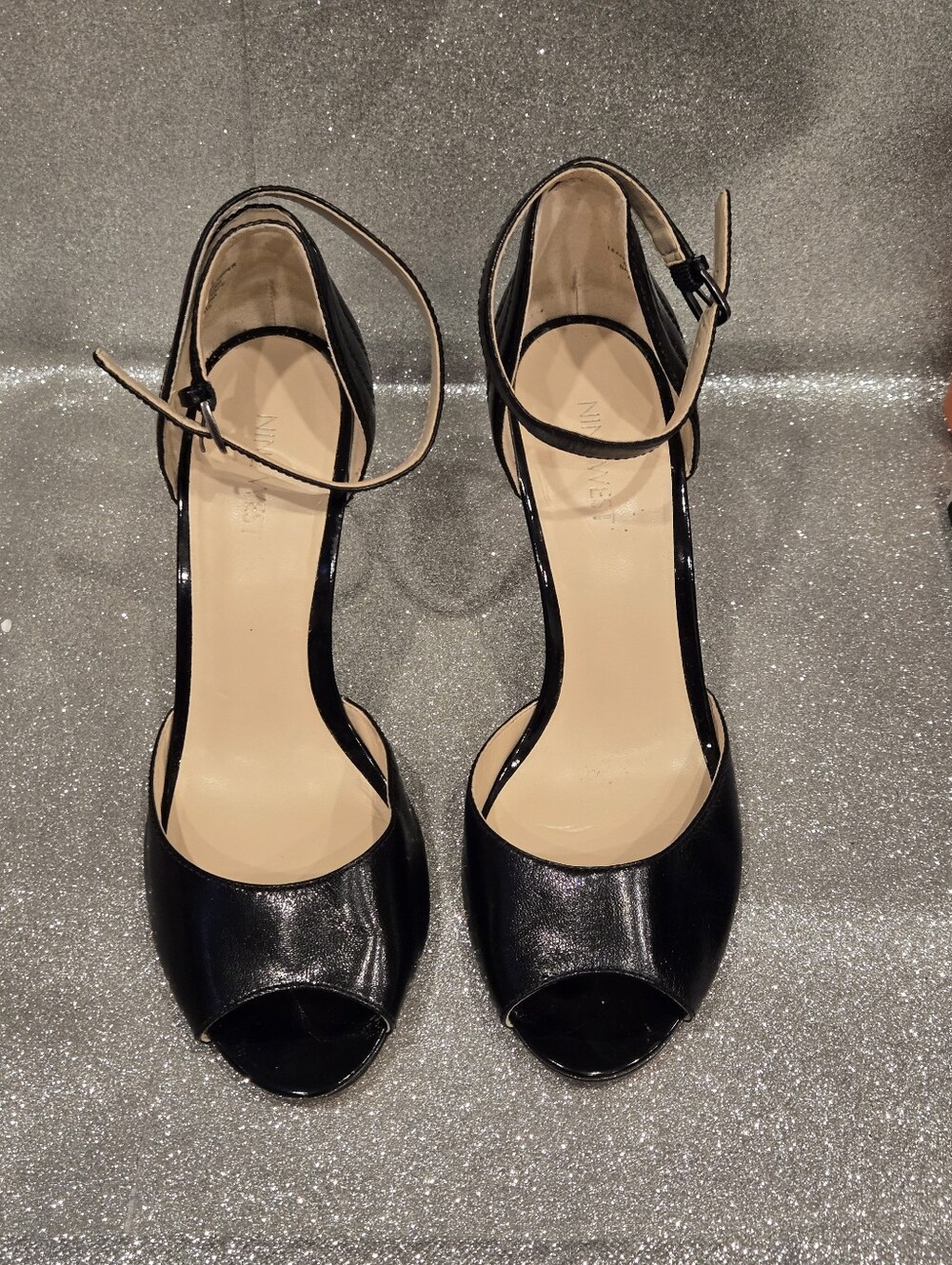 Nine West Black Patent Peep-Toe Wedge Heels